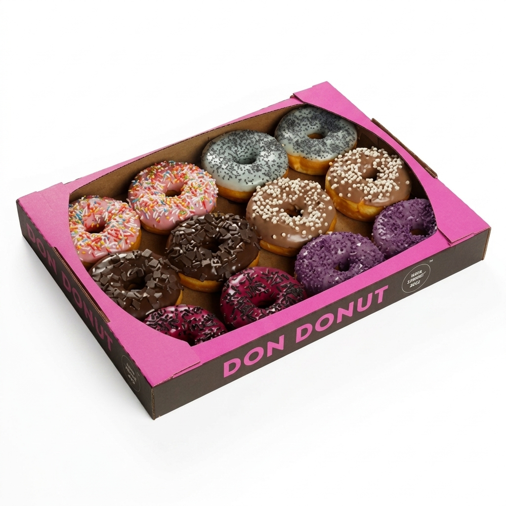 Пончик глазированный Ассорти 65гр 1/48 (Красный бархат, Шоколад, Черника, Карамель, Манго, Клубника)