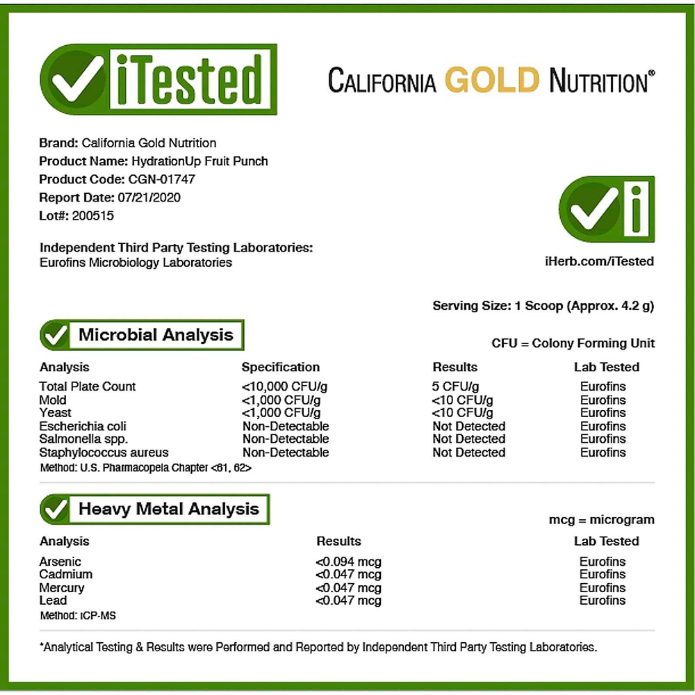 California Gold Nutrition, Beverages, HydrationUP®, смесь для приготовления напитка с электролитами, с витамином D, кальцием, железом и калием, со вкусом фруктового пунша, 227 г (8 унций)