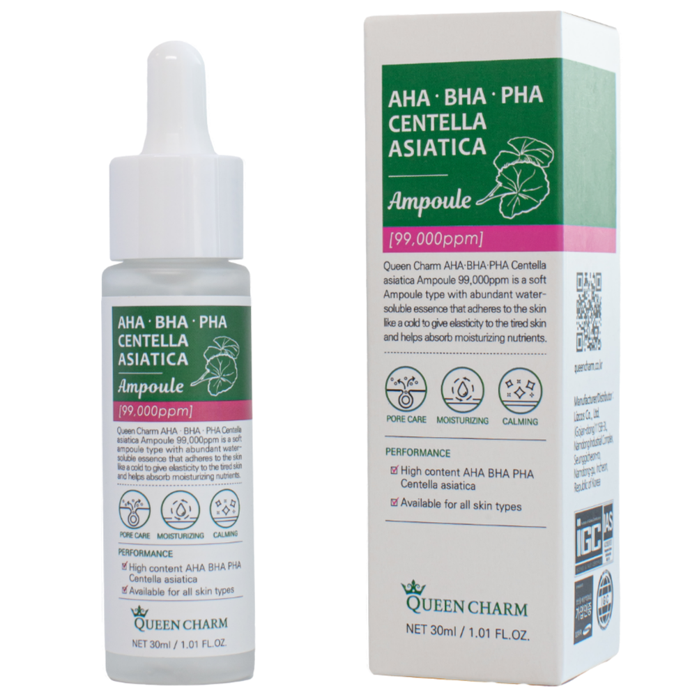 QUEEN CHARM Ампульная сыворотка для лица с AHA BHA PHA кислотами и центеллой азиатской 9,9% AHA BHA PHA Centella Asiatica Ampoule, 30 мл