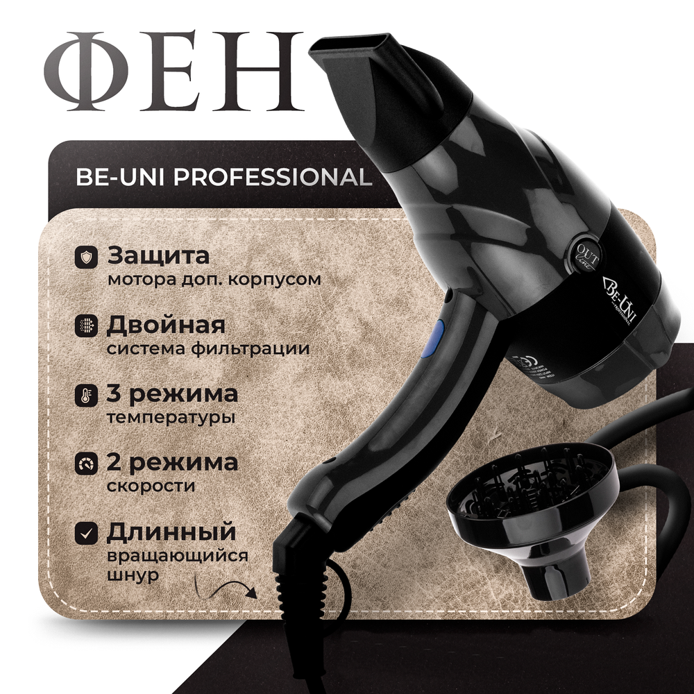 Фен Аутлайн 2000-2200W, цвет черный с диффузором