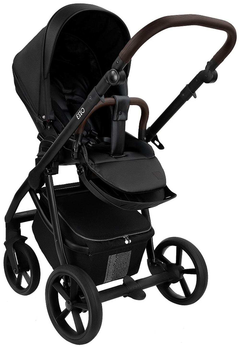 Детская коляска Roan Esso Кожа 3 в 1 с автокреслом Pituso Santiso Pro ESSK/210/1 Black /Black/руч.Тем.коричневый