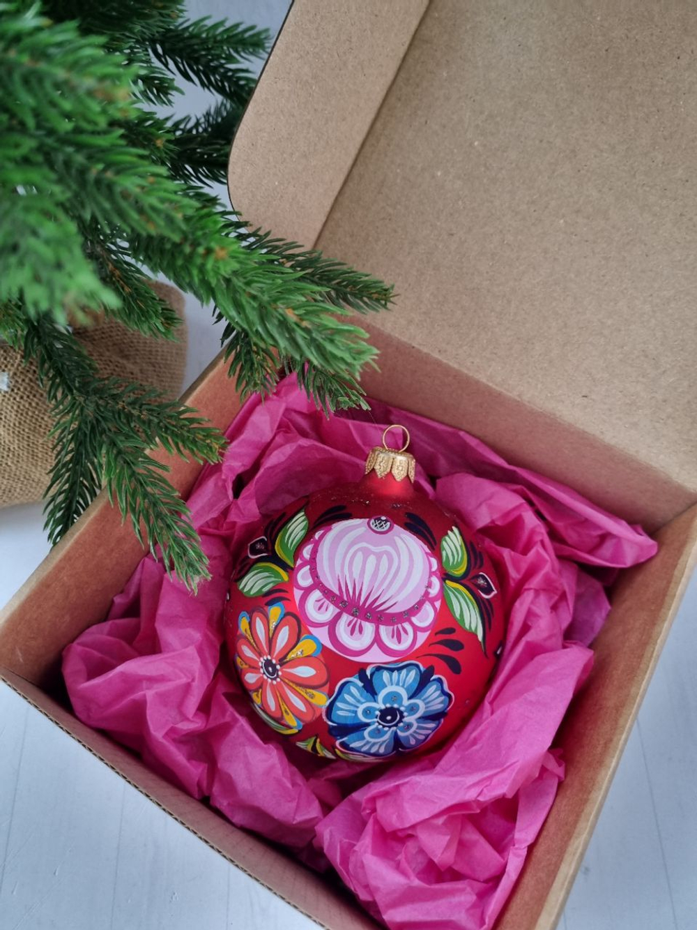 Шар стеклянный "Городецкая роспись" цветы, ручная работа