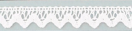 Мерсеризованное хлопковое кружево, состав: 100% хлопок, ширина 15 мм, намотка 30 м, цвет молочно-бел