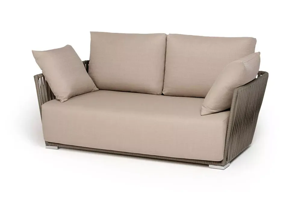 "Форли" диван 2-местный плетеный из роупа, каркас алюминий светло-серый (RAL7035) муар, роуп серо-коричневый 23мм, ткань Mossle бежевая