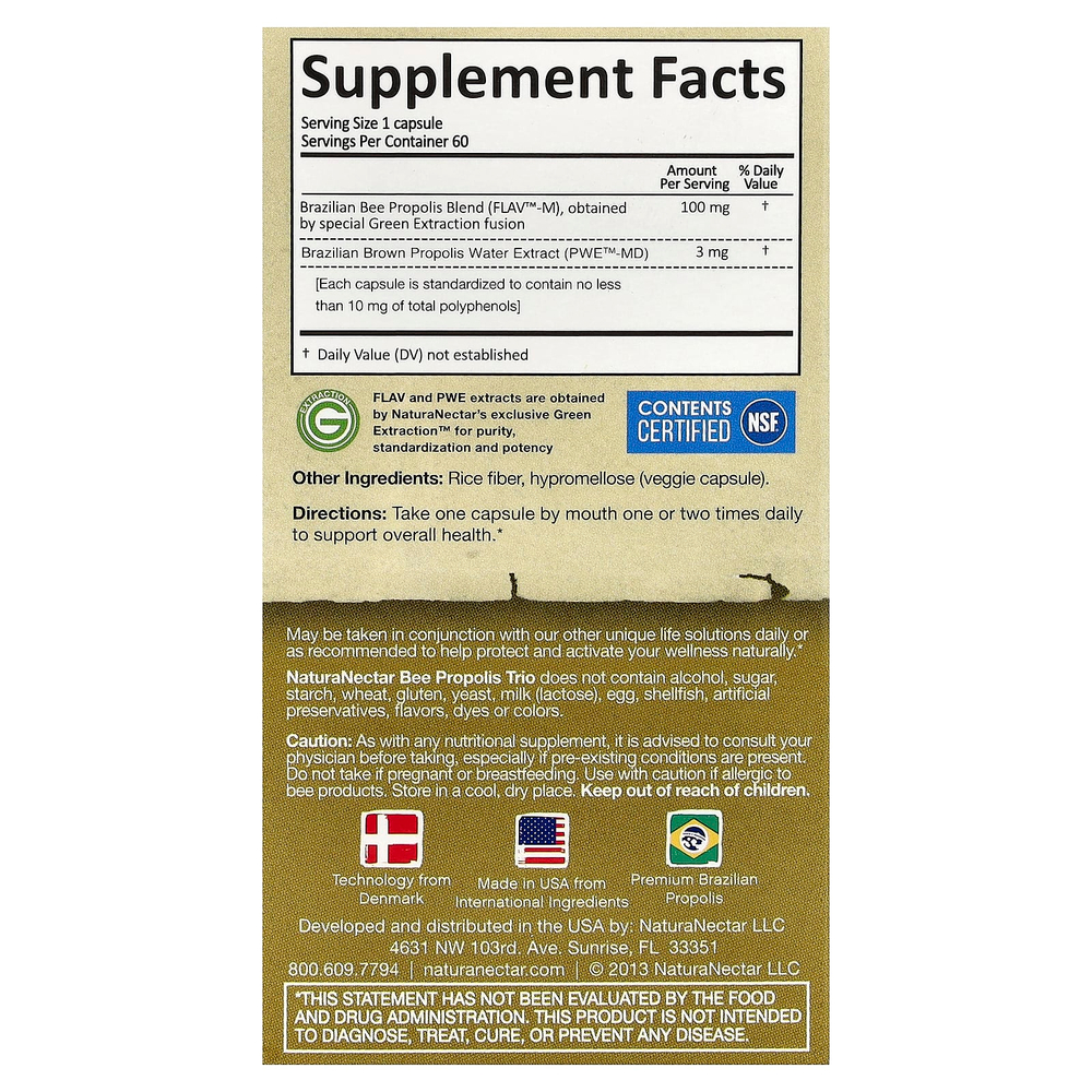NaturaNectar, Bee Propolis Trio ™, 60 растительных капсул