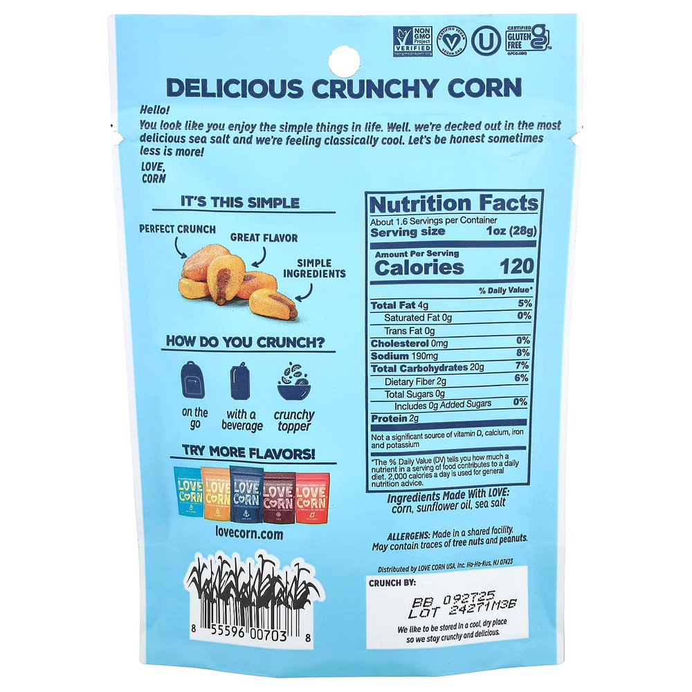 Love Corn, Обжаренная кукуруза премиального качества, морская соль, 45 г (1,6 унции)