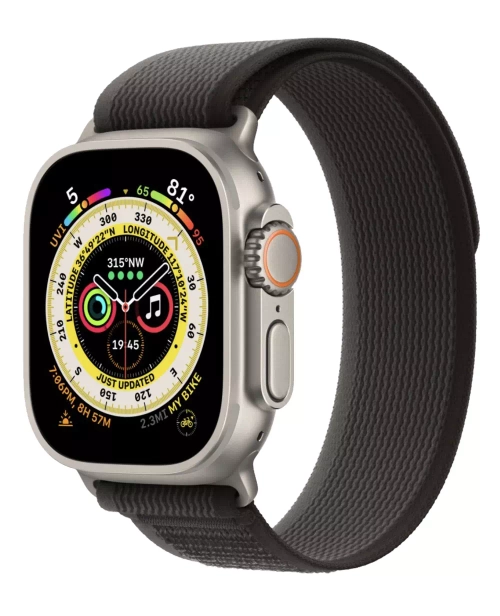 Apple Watch Ultra, 49 мм, корпус из титана, ремешок Trail цвета «чёрный/серый»