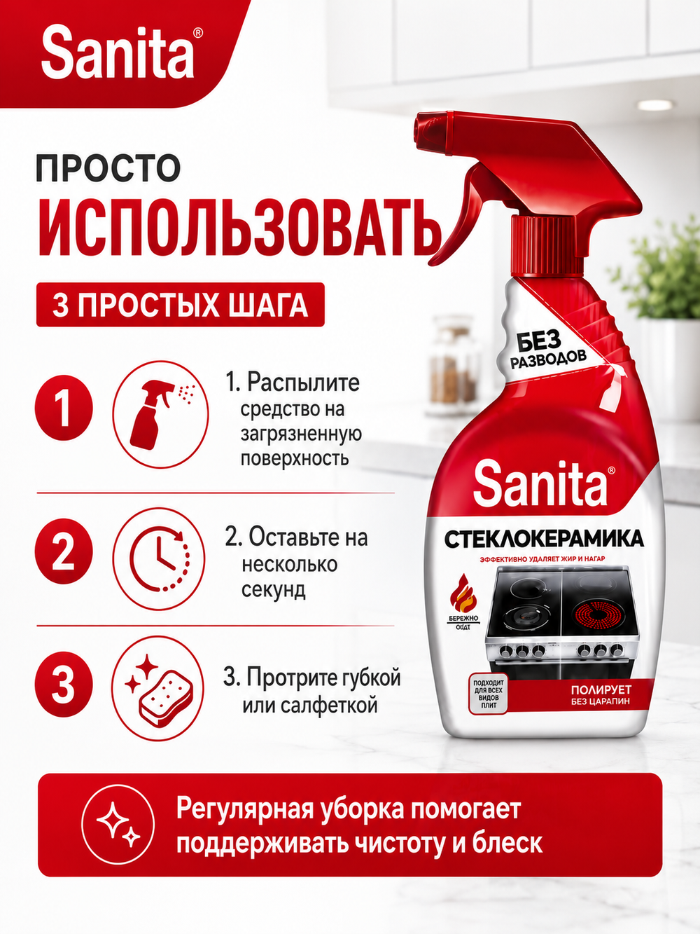 Чистящее средство для стеклокерамики Sanita Антижир 500мл