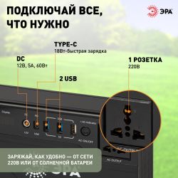 Портативная солнечная электростанция ЭРА ERAZS-01 (комплект), 200 Вт, 32400 мАч, Li-ion. Солнечная панель 50 Вт