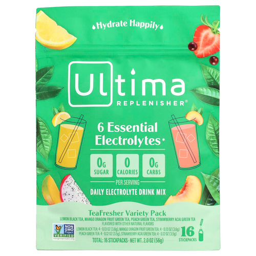 Ultima Replenisher, 6 Essential Electrolytes, Daily Electrolyte Drink Mix, Tea Fresher Variety Pack, 16 Stick Packs, 2 oz (56 g)