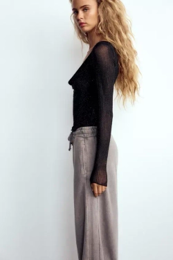 ZARA ТОП ИЗ ПОЛУПРОЗРАЧНОЙ ТКАНИ СО СТРАЗАМИ, ЧЕРНЫЙ