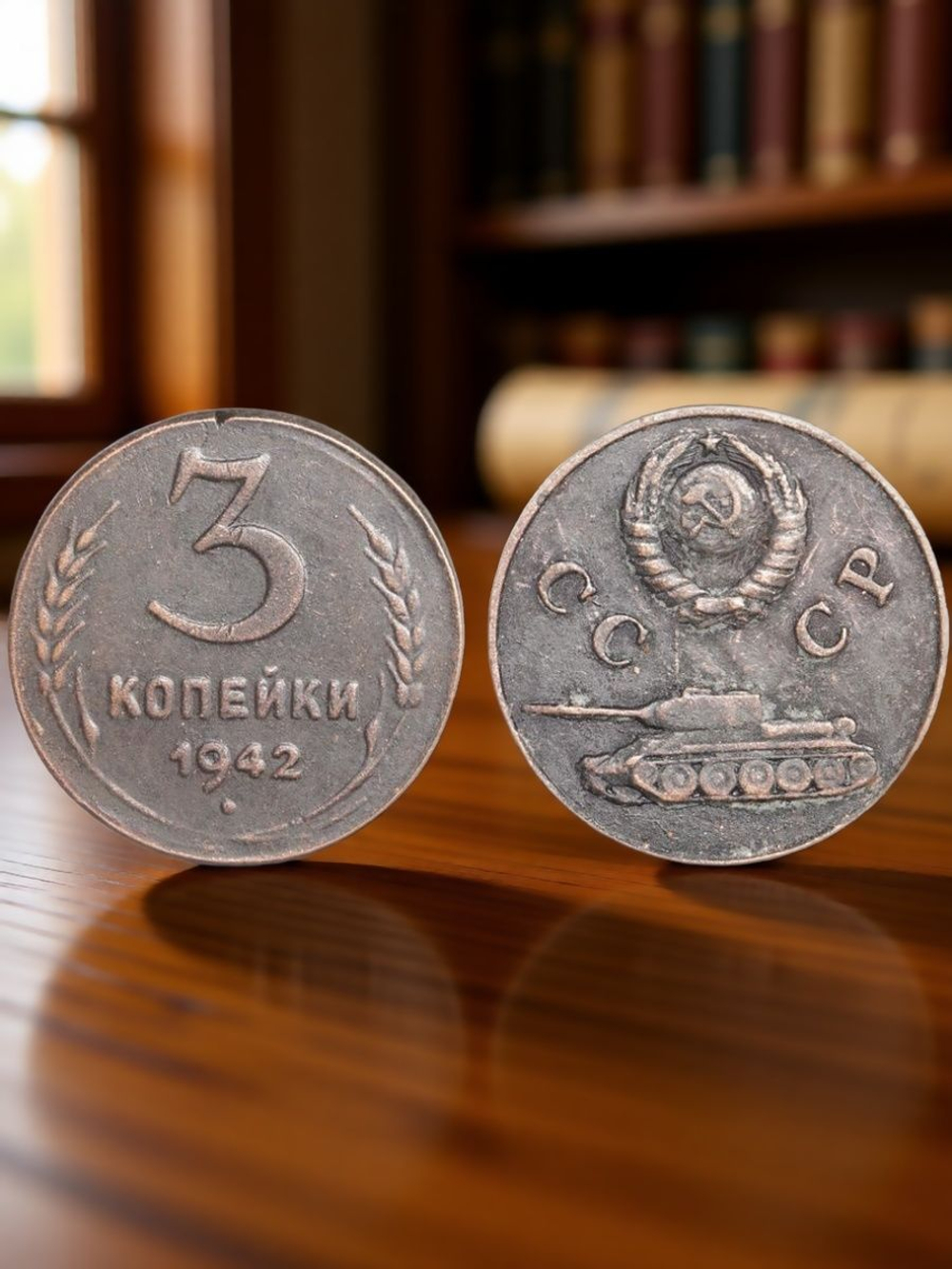 3 копейки 1942 года Танк Проба СССР Копия пробной советской монеты медь патина