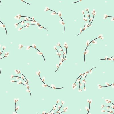 Верба на салатовом фоне. Весенний пасхальный узор