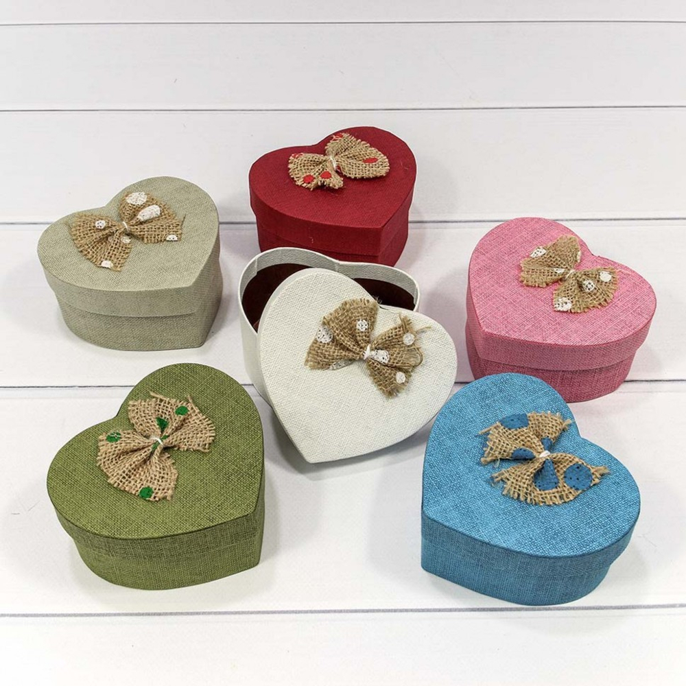 Коробка 11х9.5х5.5 см Набор 6 шт "Сердце" с льняным бантом (Серый, Белый, Голубой, Зеленый, Красный, Розовый)