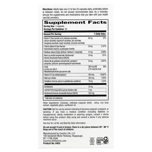 Country Life, коэнзимный комплекс витаминов группы B, улучшенная формула, 120 веганских капсул