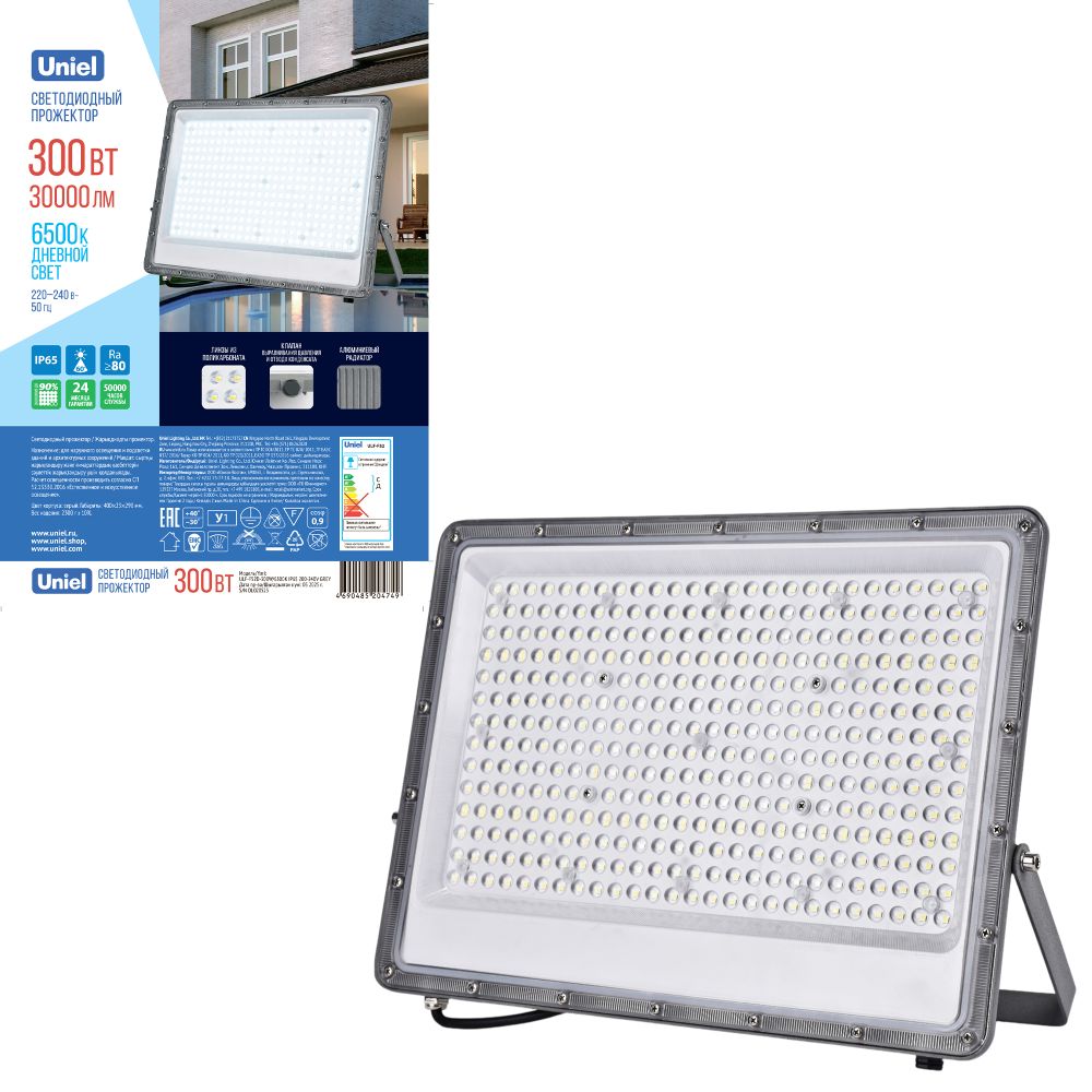 ULF-F52B-300W-6500K IP65 200-240V GREY Прожектор светодиодный. Дневной свет 6500K. Угол 60 градусов. Корпус серый. TM Uniel