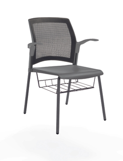 стул Rewind на 4 ногах, каркас черный, пластик серый, спинка-сетка, с открытыми подлокотниками, с подседельной корзиной