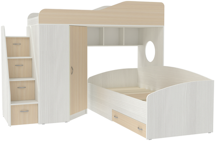 Двухъярусная кровать КарИВи  Кадет 2 с универсальной лестницей Белый   Дуб Молочный