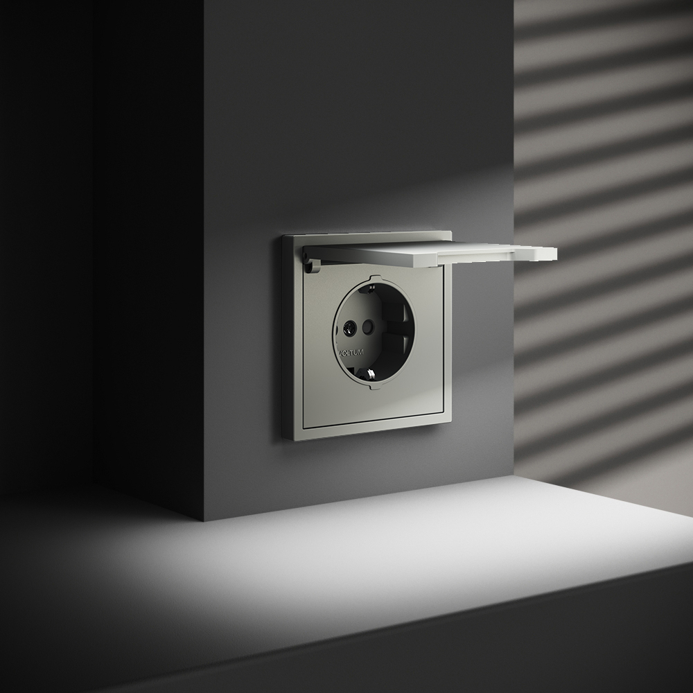 Розетка встраиваемая VOLTUM S70 с заземлением, защитными шторками и крышкой 16А, (сталь)