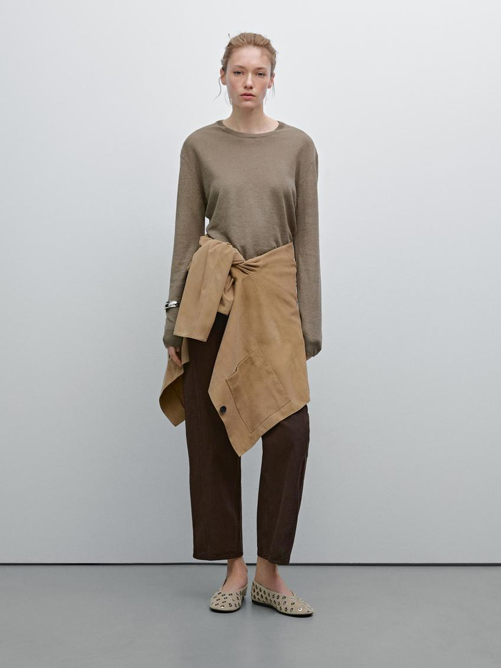 Massimo Dutti Свитер из тонкой 100% льняной ткани, зеленоватый