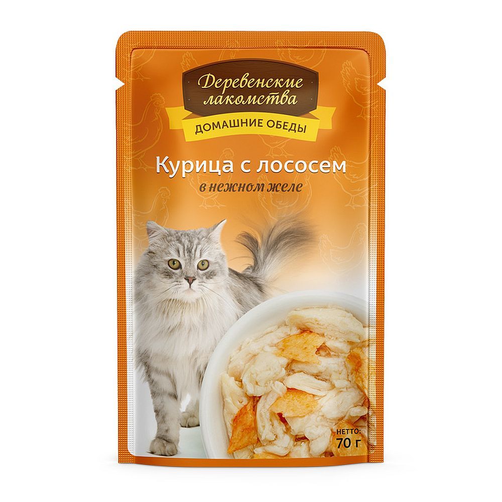 Влажный корм "Деревенские лакомства" для кошек из курицы с лососем в нежном желе, пауч 70г