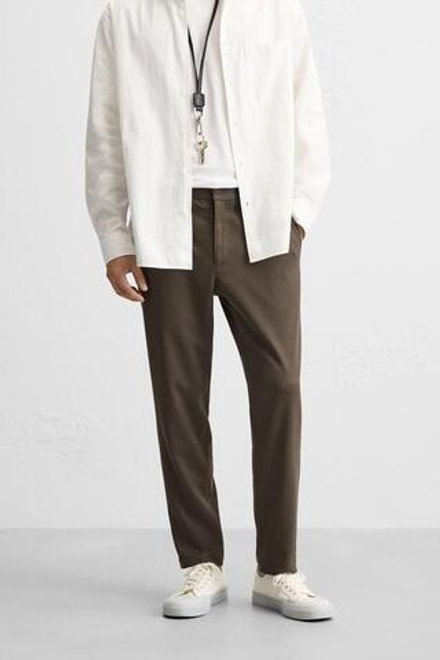 ZARA БРЮКИ КОМФОРТНОЙ ПОСАДКИ ИЗ РЕЛЬЕФНОЙ ТКАНИ, СЕРО-КОРИЧНЕВЫЙ