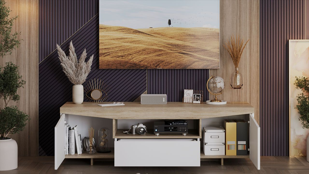 Тумба под телевизор напольная Белый Ясень/Дуб Сонома 160х45х48 см