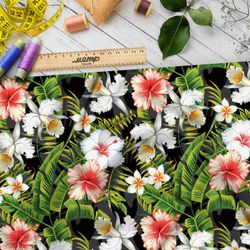 Ткань бифлекс пёстрые цветы и папоротники на чёрном фоне