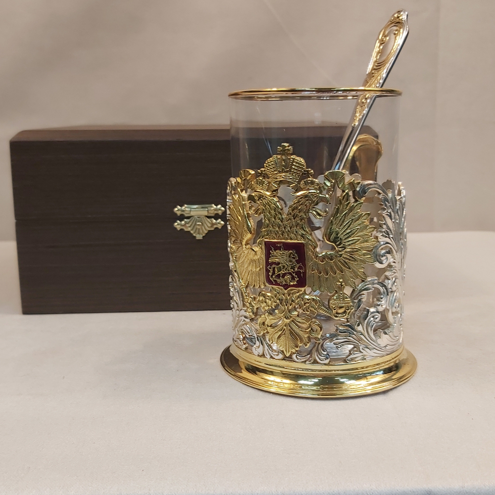 Набор "Подстаканник Герб РФ (золочение, серебрение) с ложечкой"