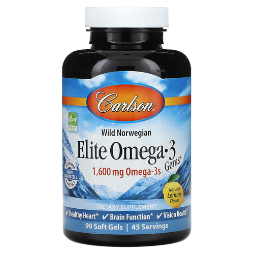 Carlson, Elite Omega-3 Gems®, отборные омега-3 кислоты из норвежской рыбы дикого улова, натуральный лимонный вкус, 90 капсул
