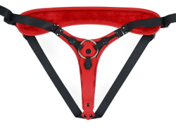 Красно-черный женский пояс с 2 способами крепления насадок и вагинальной пробкой