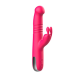 Розовый вибратор-ротатор со стимулятором клитора и возвратно-поступательными движениями - 22,4 см.