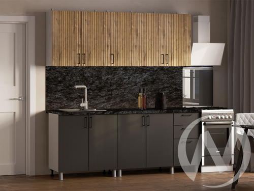 Кухня Грейс 2.0м (корпус белый/дуб канадский; карбон вулкан) 26мм кастилло темный