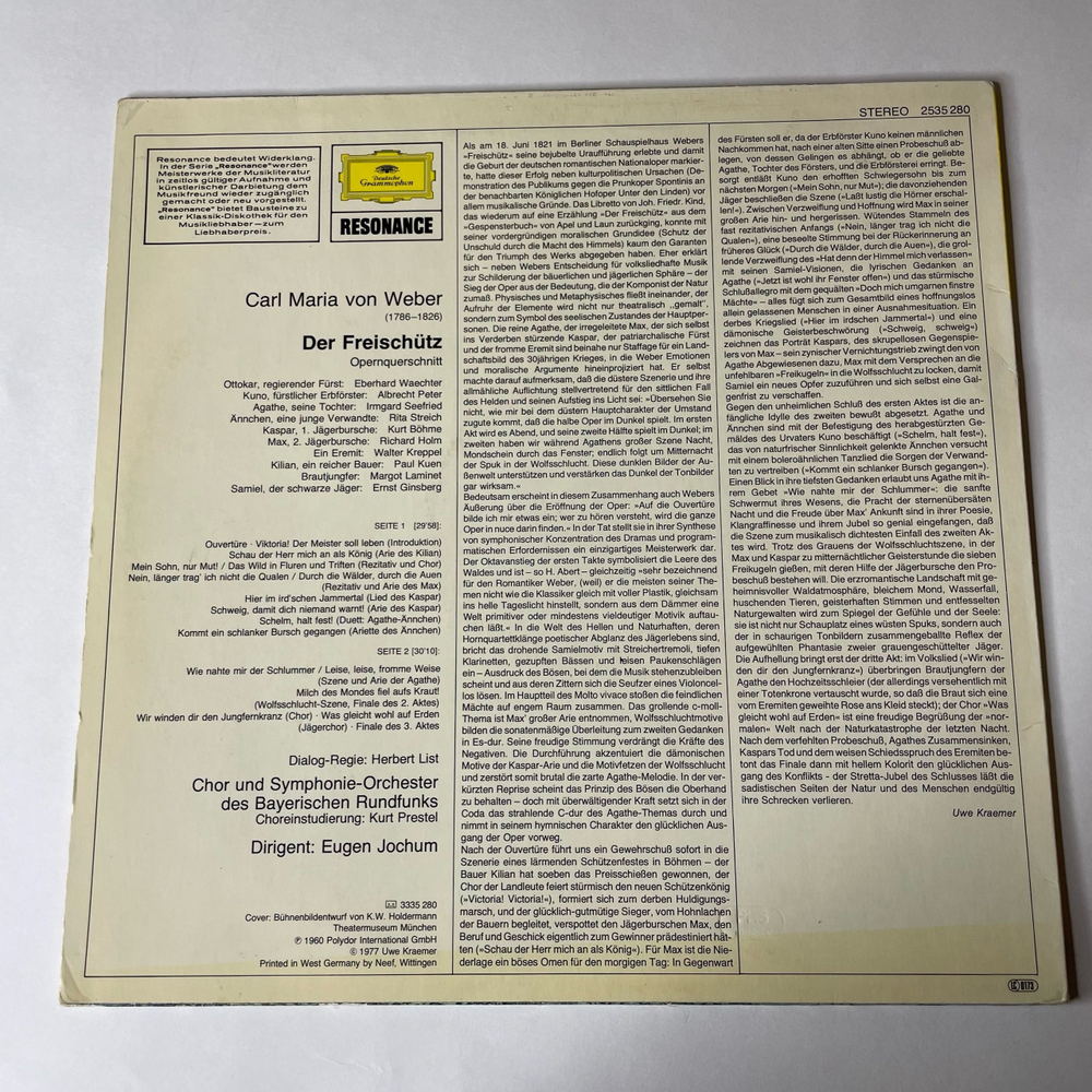 Винтажная виниловая пластинка Weber, Irmgard Seefried, Rita Streich, Richard Holm, Eugen Jochum Der Freischutz Волный Стрелок Опера (Германия 1975)
