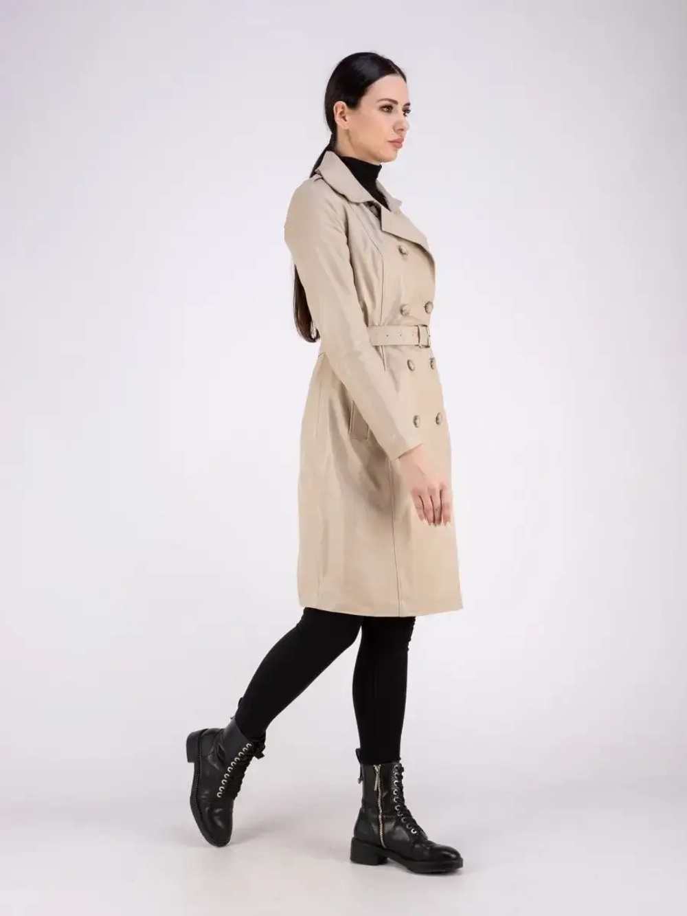 Тренч длинный кожаный с поясом плащ на весну