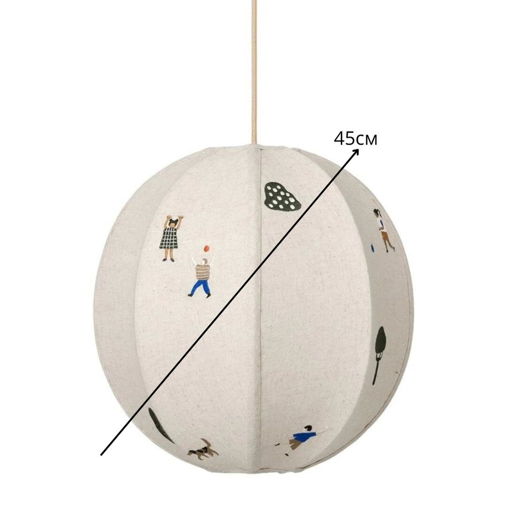 Нежный подвесной светильник в виде круглого абажура с минималистичными рисунками людей и деревьев.