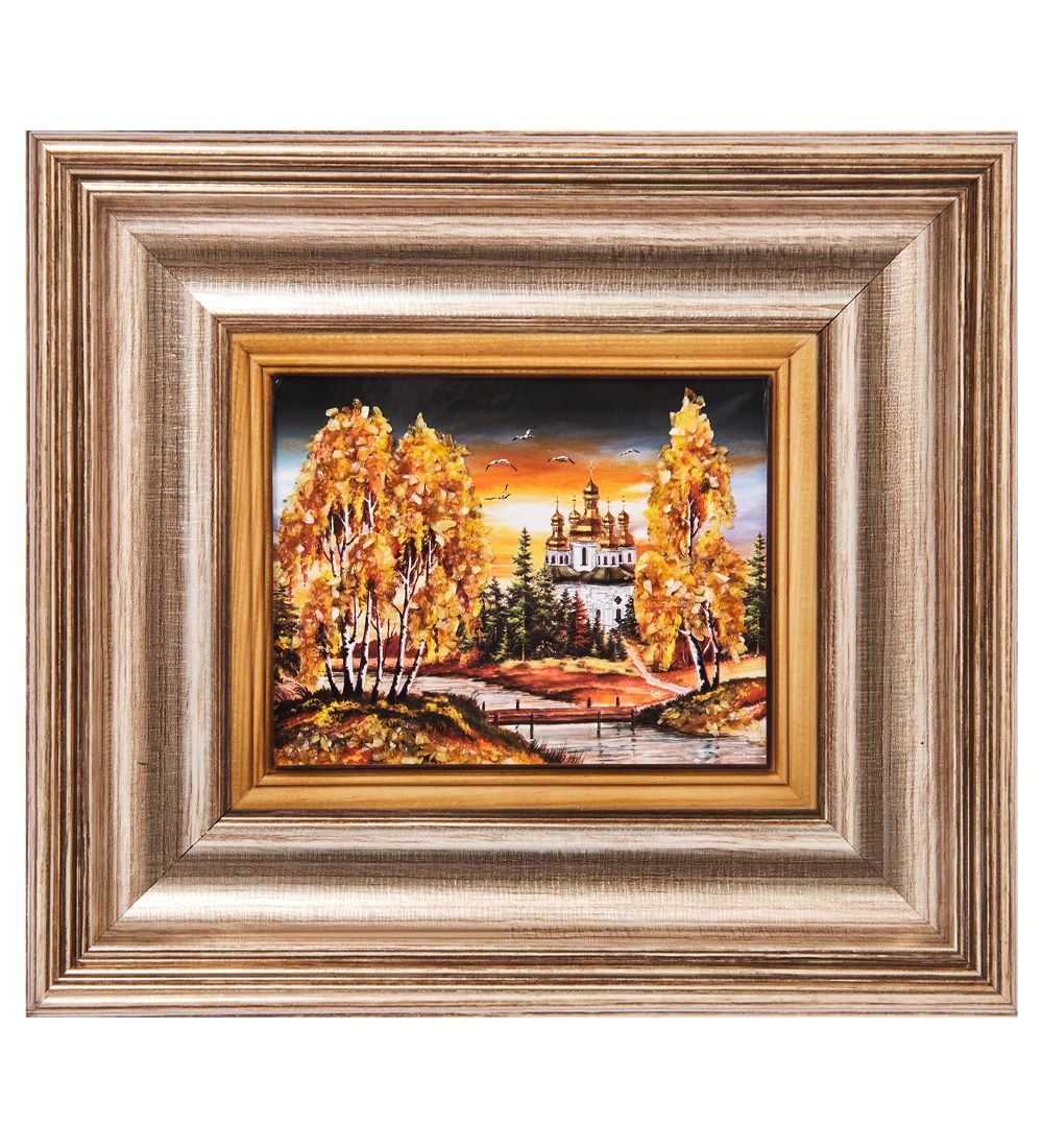 AMB-04/12 Картина «Церковь в лесу» (с янтарной крошкой) L-18см