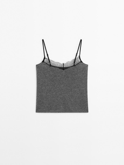 Massimo Dutti Топ в бельевом стиле с отделкой кружевом, серый