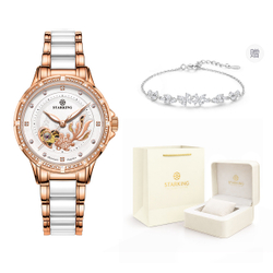 STARKING Koi Fish Collection Automatic Mechanical Movement Ceramic Strap Watch Women"s Watch White Dial