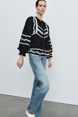 ZARA БЛУЗА С ВЫШИВКОЙ — ZW COLLECTION, ЧЕРНЫЙ/БЕЛЫЙ