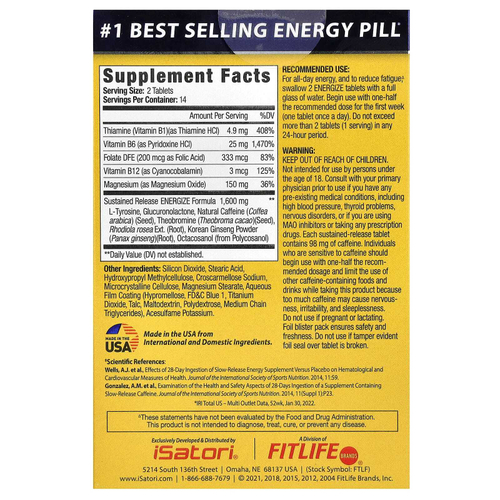Isatori, Energize, таблетка для повышения энергии на весь день, 28 таблеток