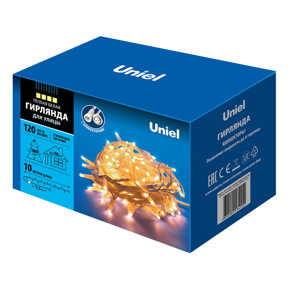 ULD-S1000-120-SWK WARM WHITE IP67 Гирлянда светодиодная со статическим свечением. 10м. Соединяемая.120 светодиодов. Теплый белый свет. Провод белый. ТМ Uniel
