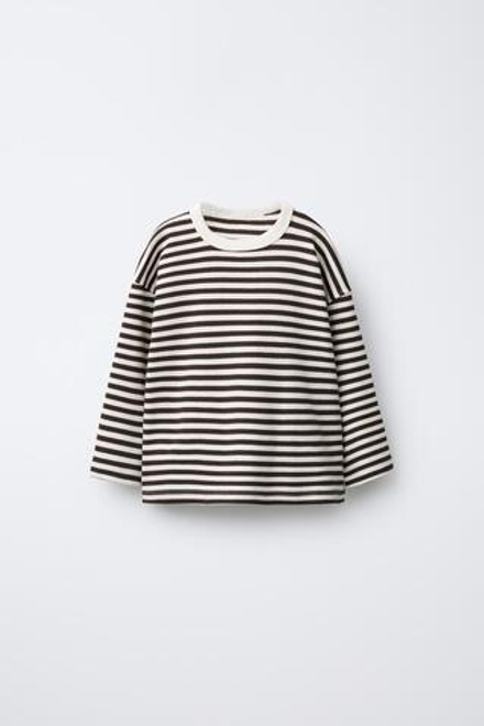 ZARA ЛОНГСЛИВ В ПОЛОСКУ С ВЫШИВКОЙ, КОРИЧНЕВЫЙ