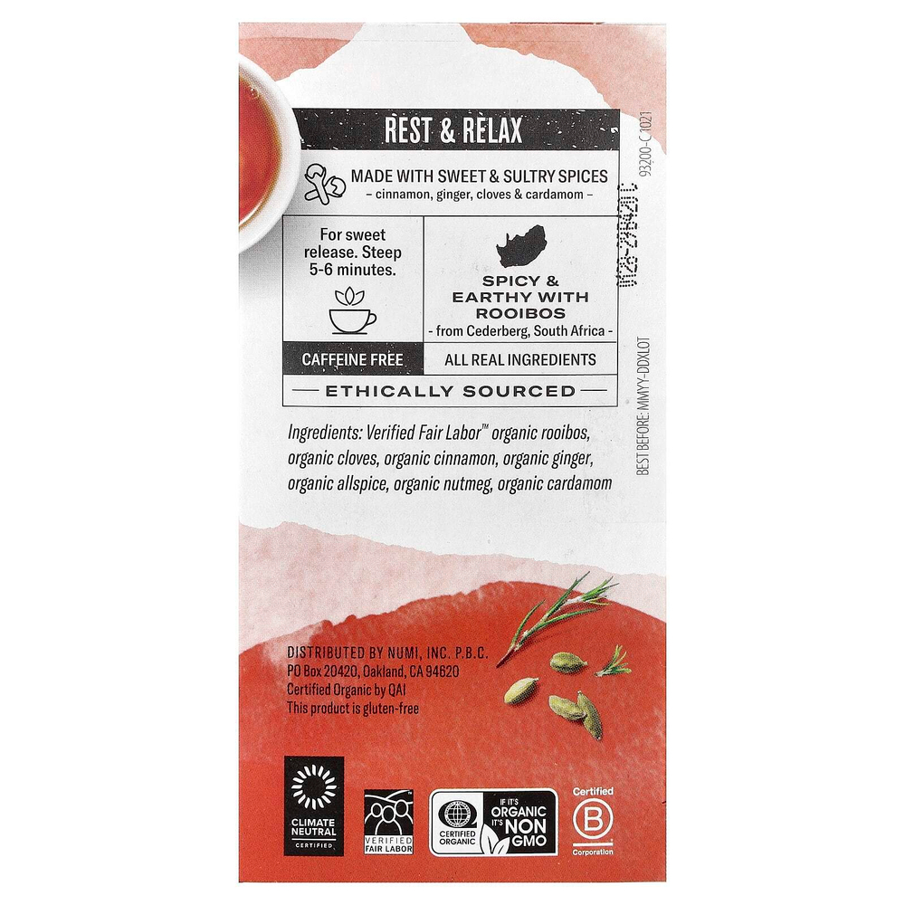 Numi Tea, Organic Herbal Teasan, чай ройбуш, без кофеина, 18 чайных пакетиков, 48,6 г (1,71 унции)