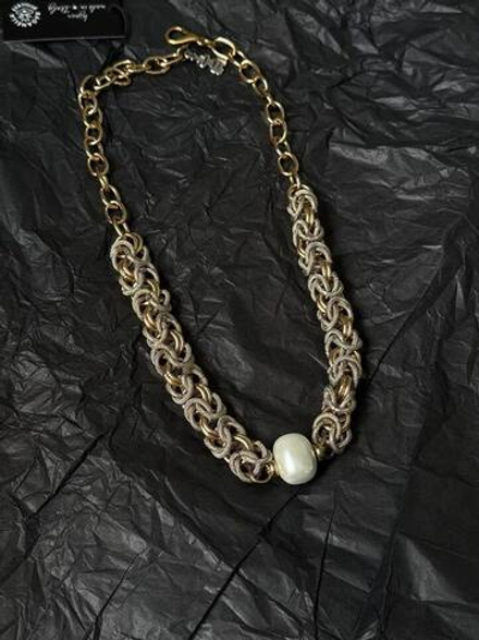 Колье Византия биколор с белым жемчугом Майорка, оттенок серебро и золото