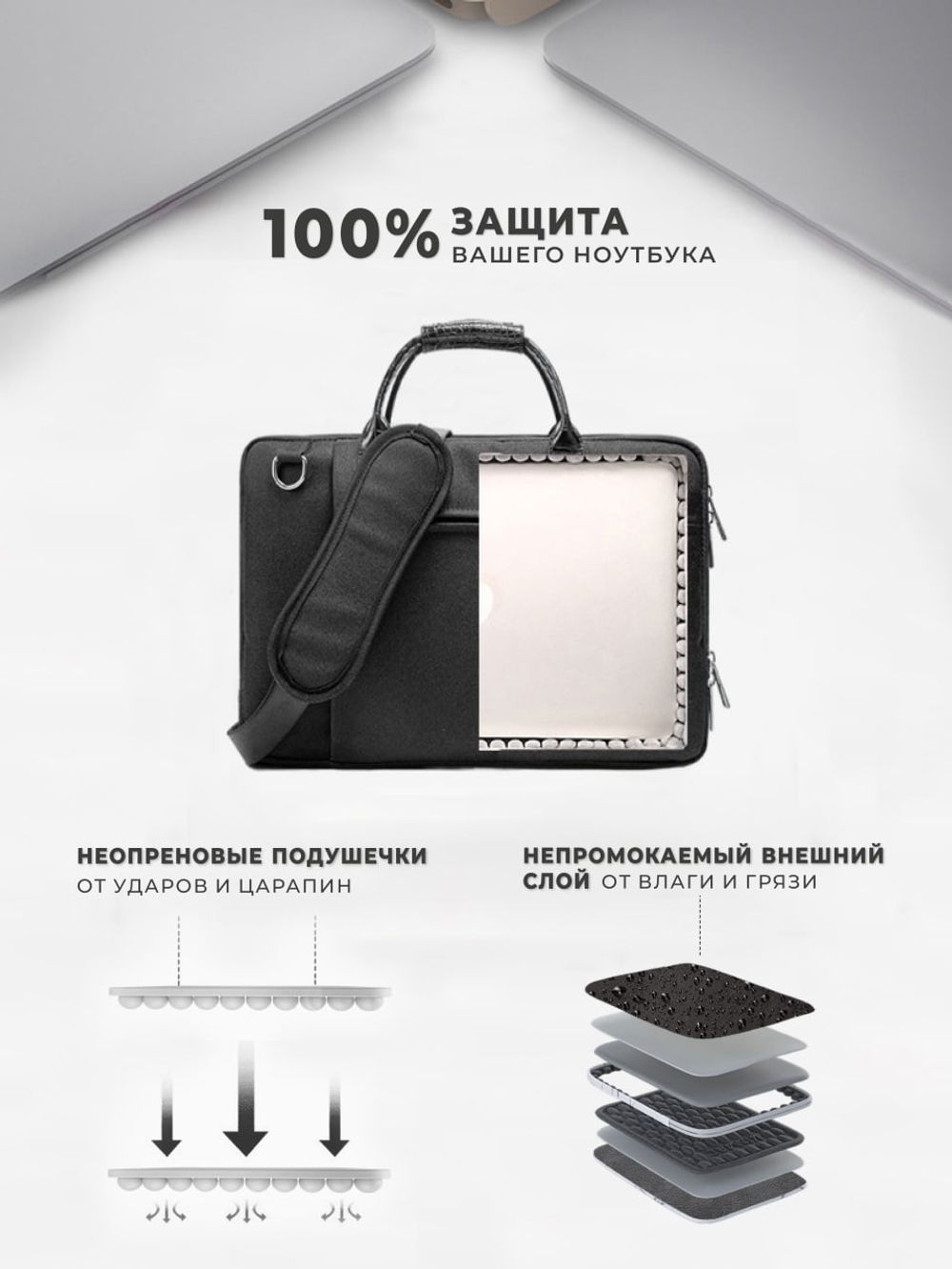 Сумка для ноутбука 15,6" и 17" с ремнем на плечо c функциональным дополнительным отделением (Черный)