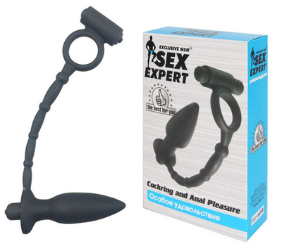Анальная пробка с эрекционным кольцом и клиторальным массажером Cockring and Anal Pleasure (Цвет: черный)