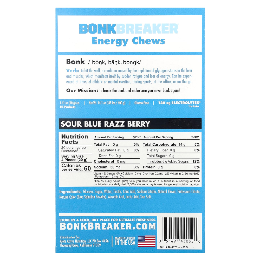Bonk Breaker, Energy Chews, Blue Razz Berry, 10 пакетиков по 40 г (1,41 унции)