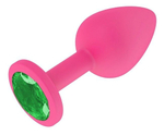 Средняя розовая пробка с зеленым кристаллом ONJOY Silicone Collection (Цвет: розовый с зеленым)