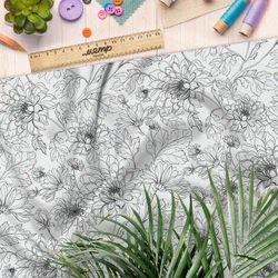 Ткань блэкаут нарисованные георгины на белом фоне